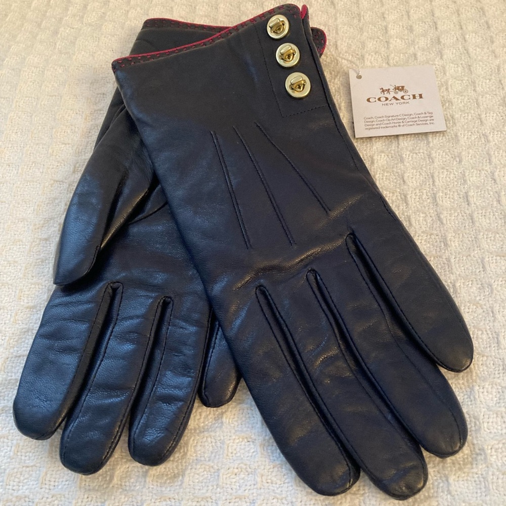Coach Park Turnlock Dark Navy Blue Leather Gloves With Pink Trim And Stitching